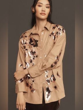 Maeve By Anthropology The Bennet Button Down Shirt Women 2X Sequin Leopard Beach